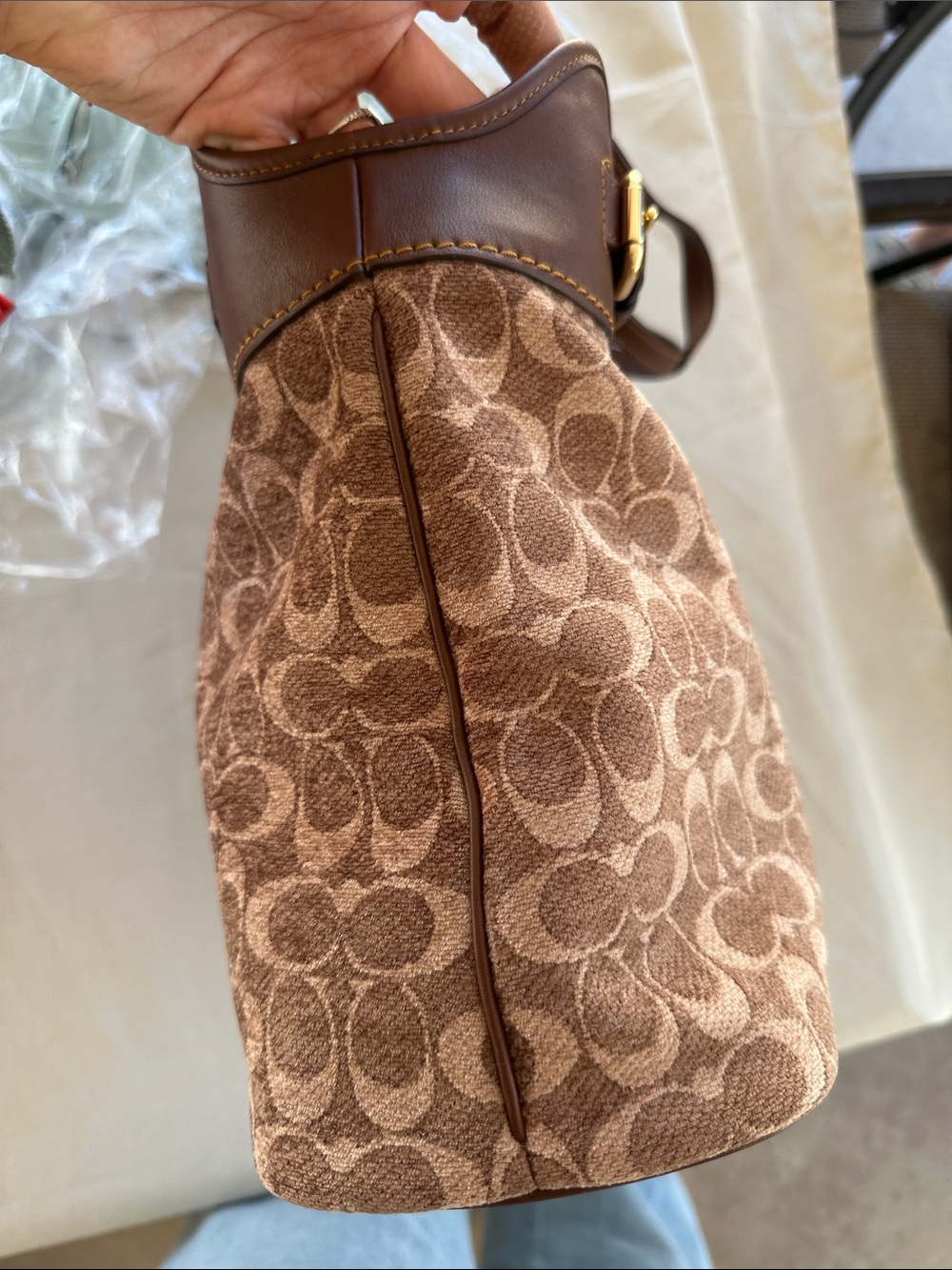 COACH Tan and Brown Signature Shoulder Tote - Picture 4 of 13
